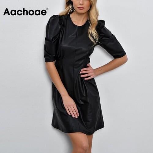 Aachoae Women Chic Black Color PU Leather Mini Dress Puff Short Sleeve Stylish Party Dress O Neck Pleated Elegant Dress Vestidos