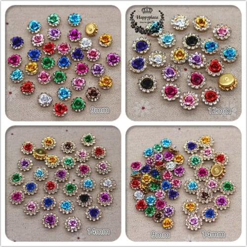 9mm/12mm/14mm Mix Colors Clear Rhinestone Stone Circle Metal Flower With Metallic Setting DIY Jewelry/Sewing Craft decoration