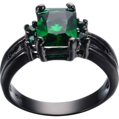 Luxury Female Green Crystal Stone Ring Classic Black Gold Color Hollow Ring Trendy Square Zircon Engagement Rings For Women Men