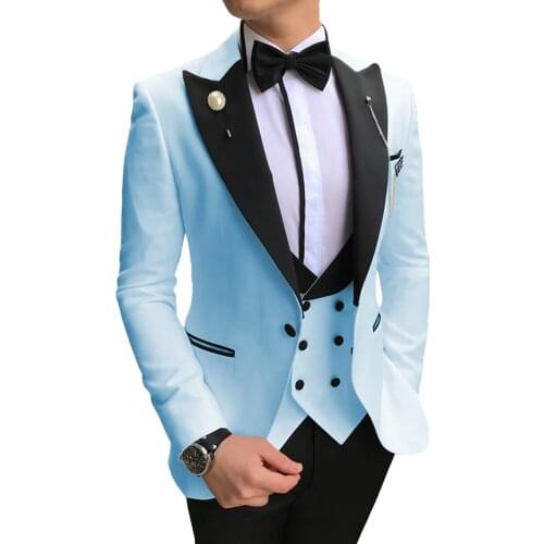 Blue Mens Suits 3 Piece Blazer Dress Casual Peaked Black Collar Tuxedos Groomsmen Men Suits for Wedding(Blazer+Vest+Pants)