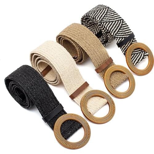 Straw Wide Belt Female Woven Vintage Round Wooden Buckle Decorative Dress Shirt Belt
