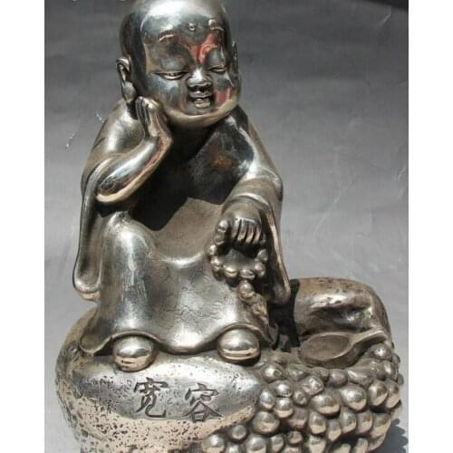 10" Marked Chinese Buddhism Silver Temple Seat Small Monk Yixiu Buddha Statue
