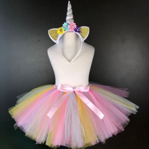 Girls Unicorn Pastel Tutu Skirts Baby Ballet Tulle Pettiskirt with Ribbon Bow and Flower Headband Kids Party Costume Skirt Cloth