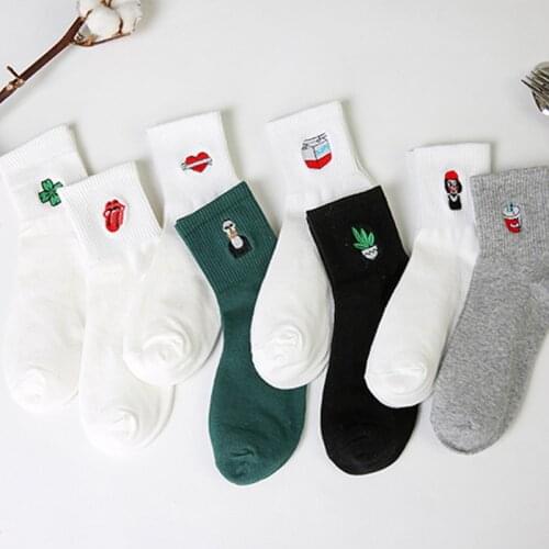 Funny Korean Women Girls Cute Cotton Crew Socks Kawaii Lip Girl Plant Pattern Harajuku Kawaii Novelty Ankle Sox Winter White
