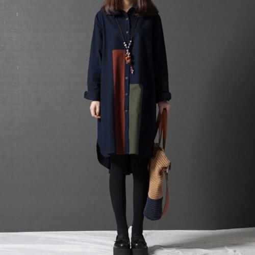 Spring and Autumn Clothing New Womens Long Shirt Female Long Sleeve Stitching Hit Color Wild Loose Plus Size Shirt Dress f2637