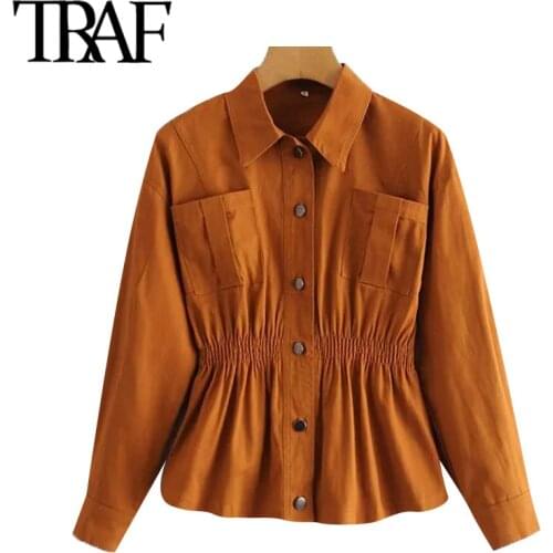 TRAF Women Fashion With Pockets Safari Style Jacket Coat Vintage Lapel Collar Long Sleeve Female Outerwear Chic Tops