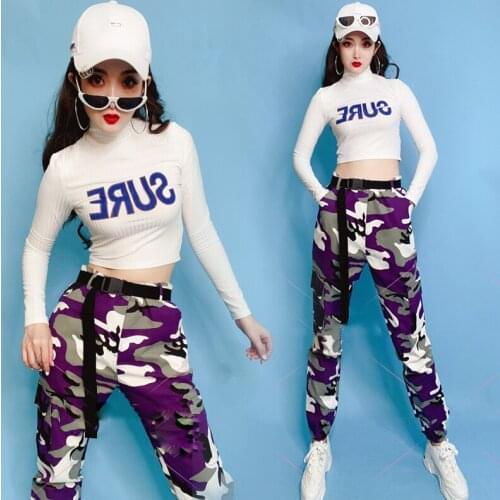 Hip Hop Street Dance Costumes Modern Performance Clothes Female Jazz Dancing Outfit Fashion Purple Camouflage Pants DNV13255