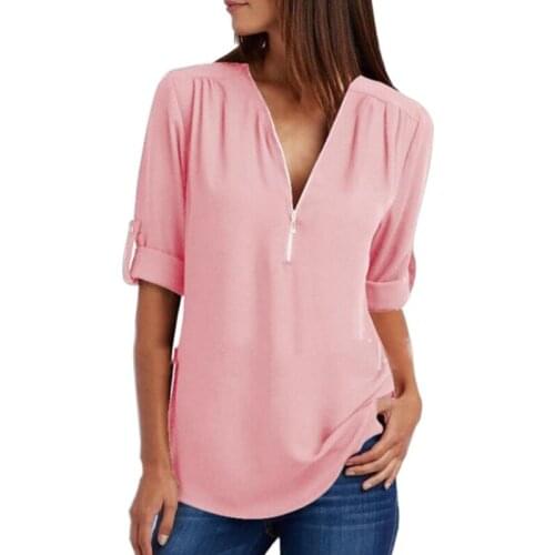 Womens Elegance Loose V-neck Zipper Plus Size Shirt Long-Sleeved Retractable Sleeves Office Casual Wild Chiffon Shirt Top M-5XL