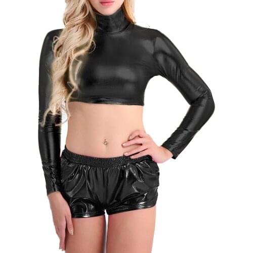 Womens Fashion Club Crop Tops Turtleneck Long Sleeves T Shirts Black Sexy Party Clubwear Dance Wear