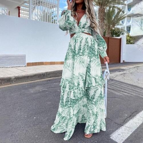 Women Maxi Dress Long Sleeve Large Hem Deep V Neck Floral Leaf Print Dress Summer Women Elegant Retro Beach Boho Long Dress