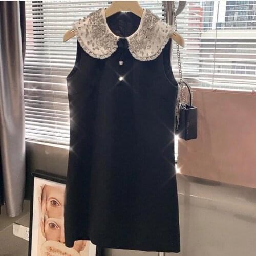 2021 summer French heavy industry a-line vest dress women beaded diamonds hit color peter pan collar party dress