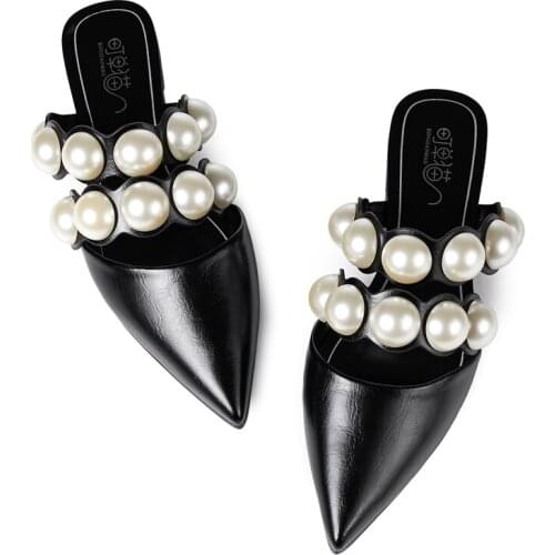 Famous designer big pearl slippers women pointed toe double band pearl rivets mules shoes woman summer slides flip flops
