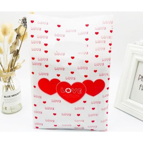 20X30CM 50pcs/Batch White Red Love Plastic Gift Bag Boutique Shelf Shopping Wedding Plastic Gift Bag With Handle