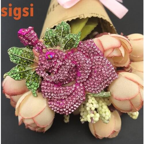 Large flower rose brooch, rhinestone pink rose broach pin, brooches for wedding