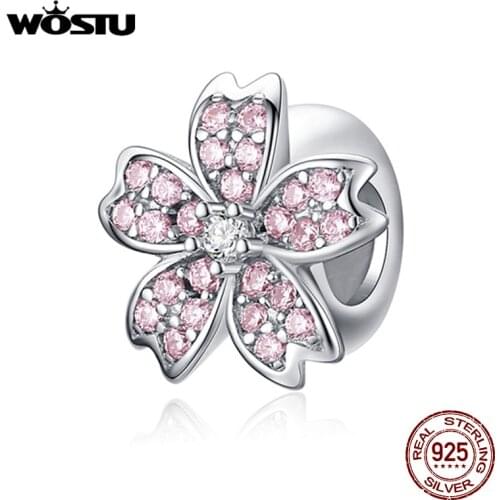 WOSTU Fashion 100% Real Sterling Silver Pink Sakura Lucky Flower Charms Beads Fit Original Women Bracelet DIY Jewelry CQC1291