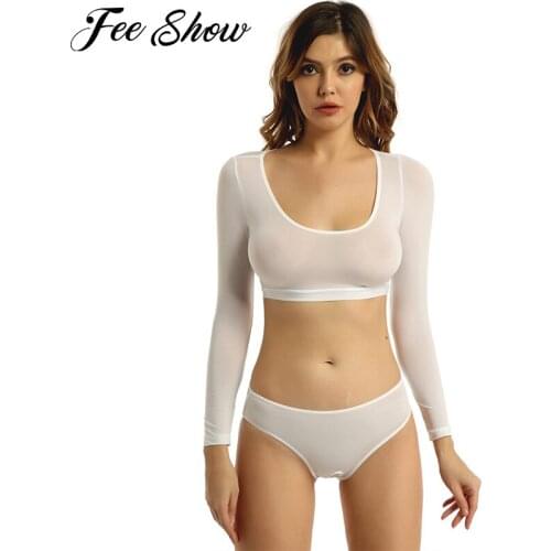 Women Two-piece Underwear Exotic Sets Solid Color Lingerie Suit Scoop Neck Long Sleeve Slim Fit Crop Top with Crotchless Briefs