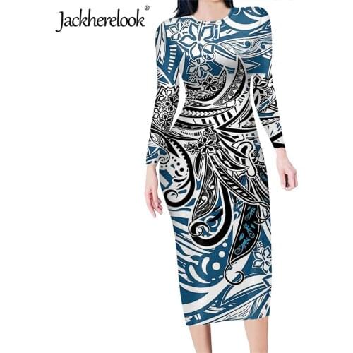 Jackherelook Office Lady Elegant Pencil Dress Polynesian Tattoo Floral Print Women Long Sleeve Stretchy Bodycon Tunic Dresses