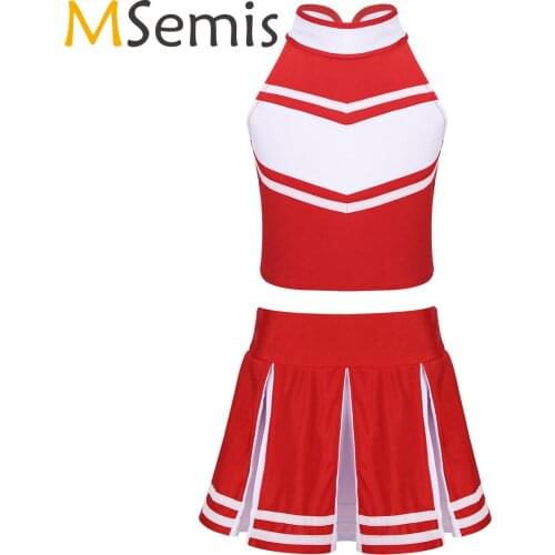 Cheerleader Costume Kids Girls Jazz Dance Costume Sleeveless Zippered Tops with Pleated Skirt Set School Cheerleading Uniforms