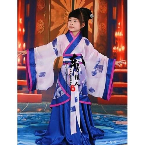 Blue White Print Hanfu Costume Traditional Hanfu Quju Childrens Day Performance Costume for Girls