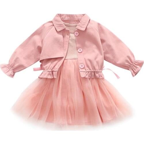 DFXD Spring Toddler Girl Clothes Set Fashion Korean Style Long Sleeve Jacket Coat+Striped Yarn Dresses Princess Girl Outfit 2-7T