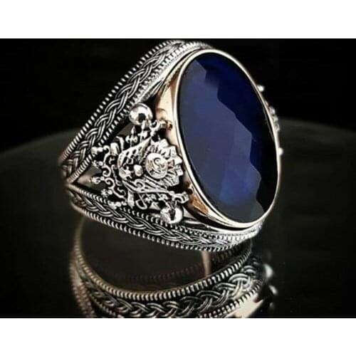Turkish Handmade 925 Sterling Silver Jewelry Blue Sapphire Mens Ring