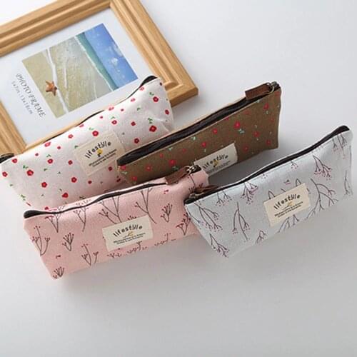 New Arrival Cute Kawaii Floral Flower Canvas Zipper Pencil Cases Lovely Fabric Flower Tree Pen Bags School Office Supplies