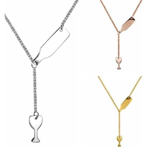 Women Titanium Steel Never Fade Wine Shape Pendant Necklace For Women Wine Lover Set Rose Gold Silver Color Stainless Steel
