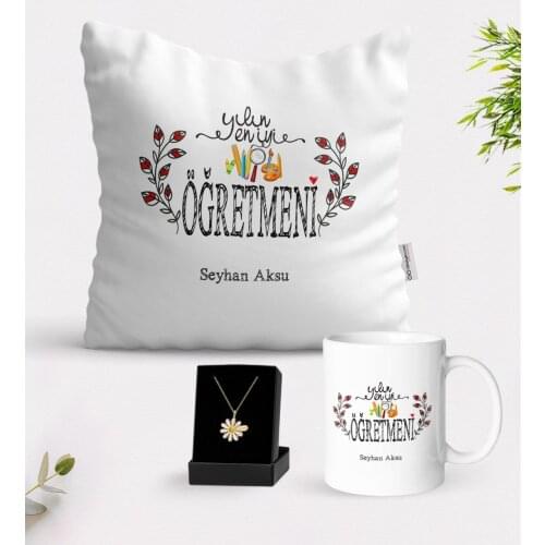 Personalized The Year 'S Best Teacher White Mug Cushion and Is Daisy Necklace Gift Seti-2