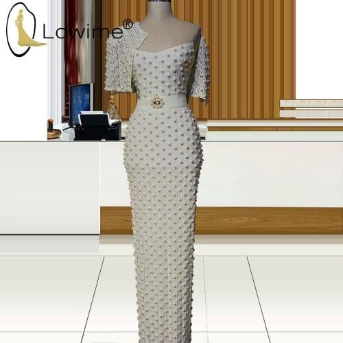 Sheath Pearls Evening Dresses Illusion O Neck Middle East Floor Length Evening Gowns Long Formal Women Party Dress