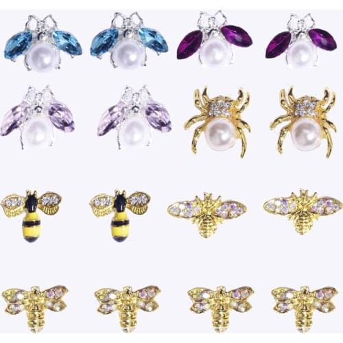 10pcs Gold CZ Spider Charms, 8type Real Gold plated Brass,Spider /Bee rhinestone nail design gold jewelry metal nail art 12x12mm