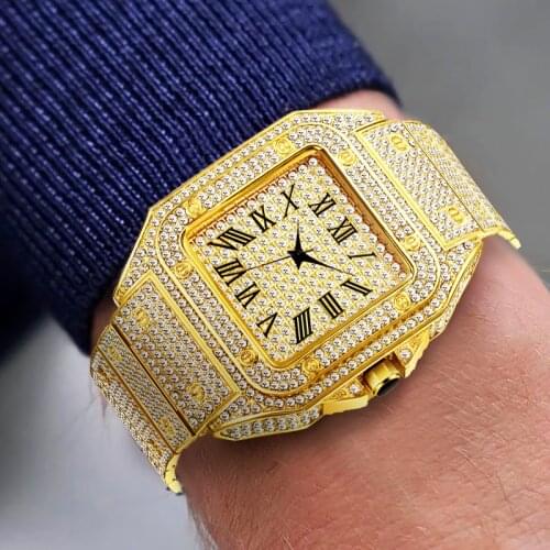 MISSFOX Luxury Mens Watches Stylish Simple Square Dial Quartz Timepiece Classic Stainless Steel Band Full Diamond Watch For Men