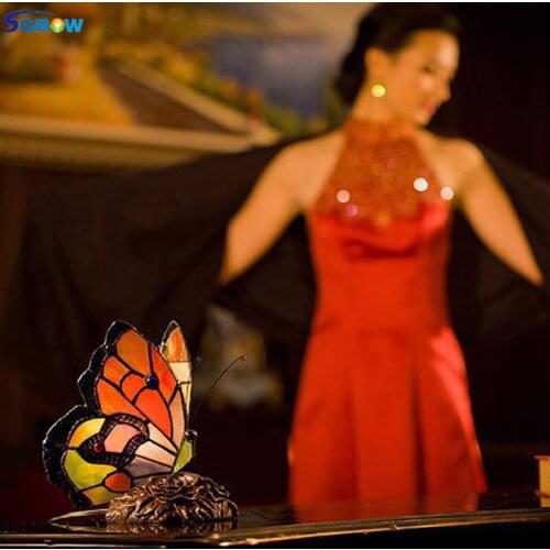 SGROW Metal Rose Base Tiffany Table Lamp Indoor Lighting Fixtures Art Deco Glass Butterfly Lampshade Desk Lights Modern Led Lamp