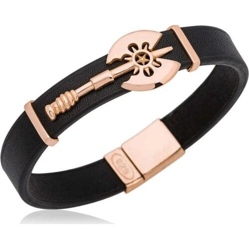 Tevuli 925 Sterling Silver Double-Sided Axe Figured Leather Male Bracelet