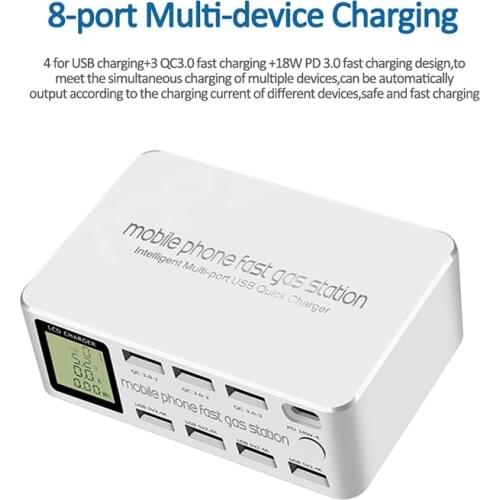 100W 8 Ports LCD Display Quick Charge 3.0 USB Charger Adapter HUB Type C PD Fast Phone Charger For iPhone Huawei Samsung Xiaomi