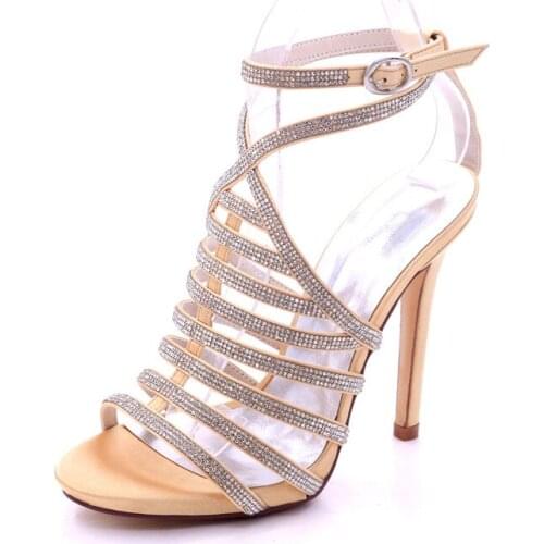 High Heels Wedding Sandals Shoes Women Open Toe Ankle Buckle Strap Heeled Satin Crystals Party Summer Ladies Sandals