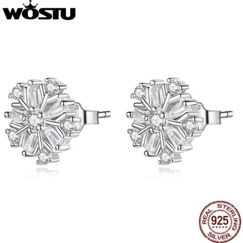 WOSTU 925 Sterling Silver Simple Sparkling Snowflake Zircon Stud Earrings For Women Fashion Party Jewelry CQE1289