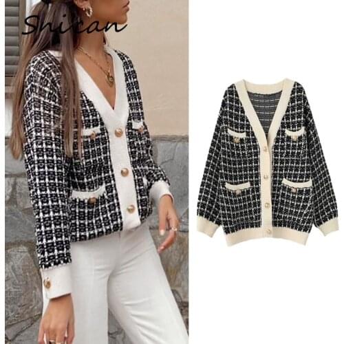 Snican Black Plaid Sweater Za 2021 Women Loose Casual Pockets Cardigan Winter Spring Outwear Female Tops Femme Chandails New