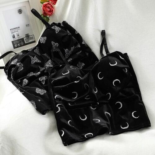 Japanese Summer Goth Crop Top Women Streetwear Punk Style Moon Butterfly Dot Print Sling Vest Kawaii Sweet Girl Lolita Tank Tops
