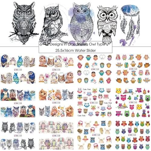 12 Types Owl Pattern Nail Water Sticker Decals Cute Cartoon Animals Manicure Transfer Nail Art Decorations Tips BN1153-1164
