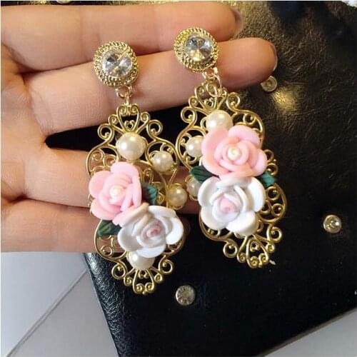 2017 Rose Flower Pink Drop Earrings for Girl Statement Earrings for Women Party Earring Gift boucle d'oreille femme
