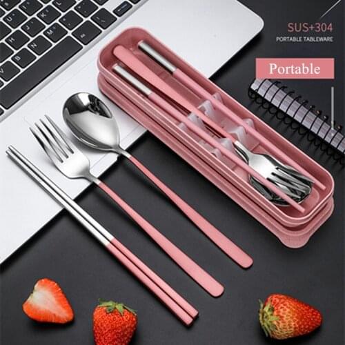 3Pcs/Set Stainless Steel Dinnerware Fork Chopsticks Spoon Cutlery Student Office Worker Travel Necessary Portable Tableware Suit