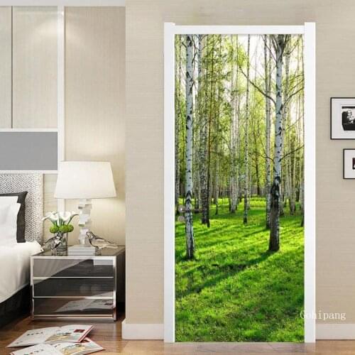 3D Modern Birch Forest Door Sticker Pvc Self-Adhesive Wallpaper Living Room Bedroom Home Decor Decal Vinyl Murals Wall Stickers