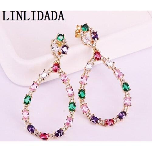 5Pair Rainbow Colorful CZ Paved drop Dangle Earring Charming Zirconia Fashion Golden Jewelry For Girl Women Gifts