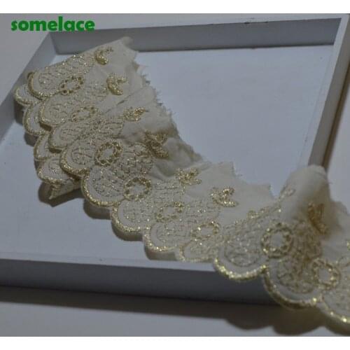 5Yds/Lot 7cm Wide Ivory Cotton DIY Lace Fabric Gold Thread Pattern, Embroidered Floral DIY Lace Fabric 2020031908