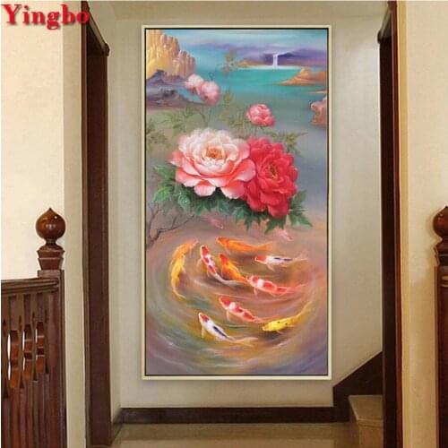 Large Full Drill 5D DIY Diamond Painting Koi fish and Peony 3D diamond Embroidery Cross Stitch Mosaic rhinestone Home Decor