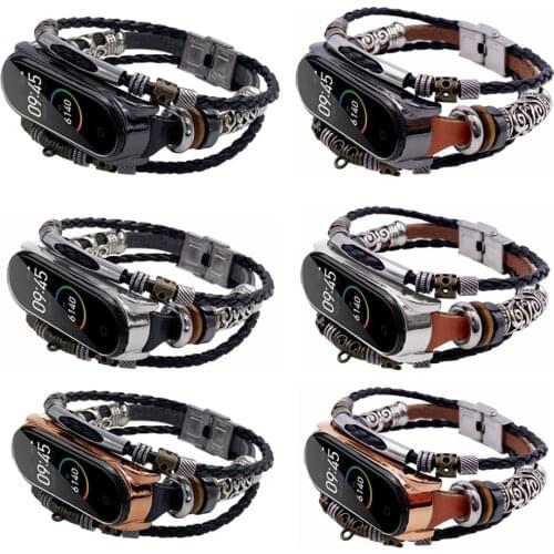 For Mi Band 4/5 Bracelet Retro Genuine Leather Wristband Strap for Xiaomi Mi Band 4/5 Accessory Metal Case Watchband for MiBand