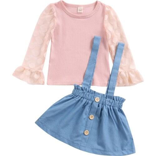 FOCUSNORM 1-5Y Autumn Lovely Kids Girls Clothes Sets 2pcs Polka Dot Ruffles Sleeve Solid Knit Tops+Suspender Skirts