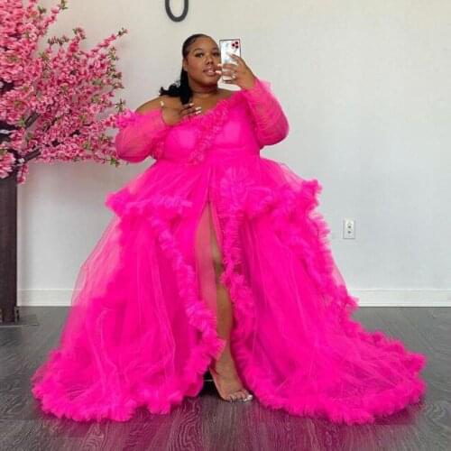 Hot Pink Orange Tulle Maternity Robes For Photo Shoot Long Sheer Front Slit Tulle Dress Long Sleeves Sexy Tulle Robe Customize