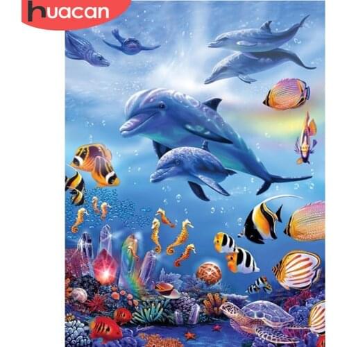 HUACAN Full Round Diamond Painting Dolphin 5D Diamond Embroidery Animals Kit Mosaic Home Decor