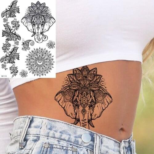 India Genasha Lace Mandala Flower Tattoos Stickers Henna Elephant Custom Tattoo Temporary Waterproof Body Waist Tato Women Girls